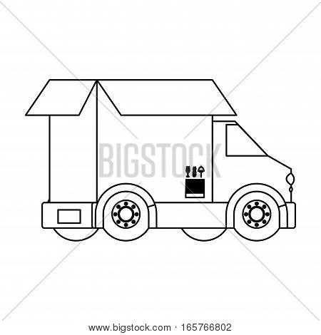 black silhouette contour transport truck with opened box vector illustration