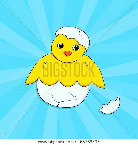 Chick in shell on a blue background. Little cheeper