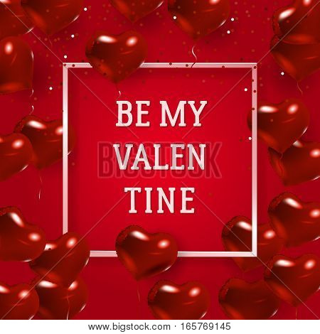 Red background with red hearts. Border with text and balloons. Be My Valentine SMM banner with sign of love.