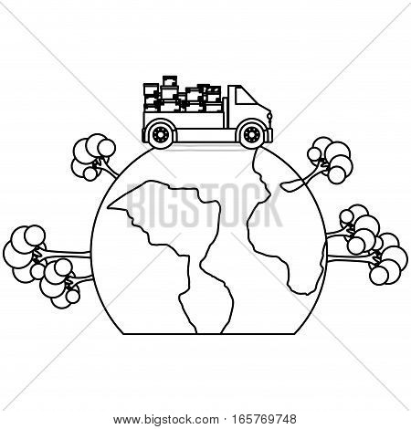 black silhouette contour transport truck with boxes over the planet vector illustration