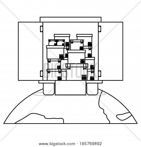 black silhouette contour transport truck with opened vagon over the planet vector illustration