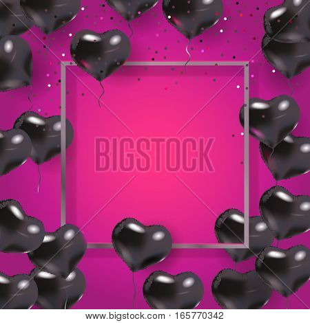 Silver, pink, black 3d hearts. Greeting border, balloons. Text place. Wedding elements. Be My Valentine banner. Vector illustration
