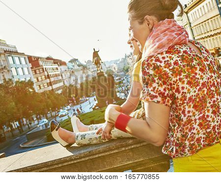 The spirit of old Europe in Prague. Seen from behind young mother and daughter travellers on Wenceslas Square in Prague Czech Republic looking at