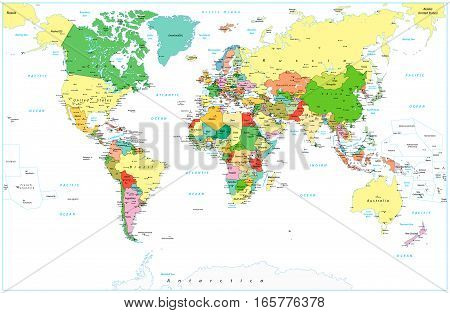 Detailed Political World map isolated on white. Vector illustration.