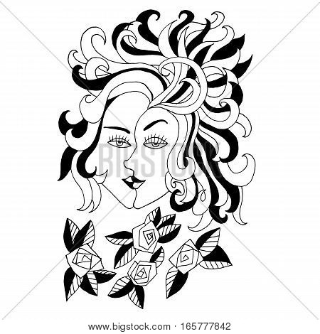 Girl with two faces and flowers. Winter and spring illustration