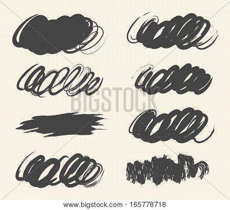 Collection hand-drawn brush strok for your design. Scribble stains. Vector illustration. Isolated on white background