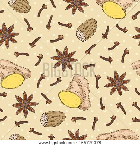 Seamless Vector Pattern with Clove, Nutmeg, Ginger and Star Anise on a Beige Background. Hand Drawn Illustration