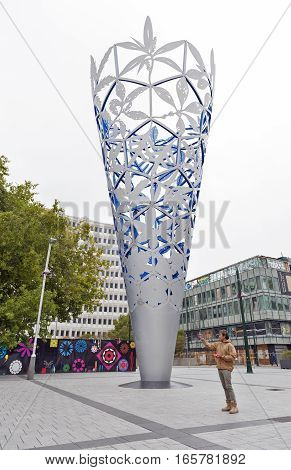 Christchurch New Zealand - February 14 2016: Sculpture of The Chalice located Christchurch's Cathedral Square New Zealand to celebrate the new millennium and the 150th Anniversary of the founding of Christchurch and Canterbury