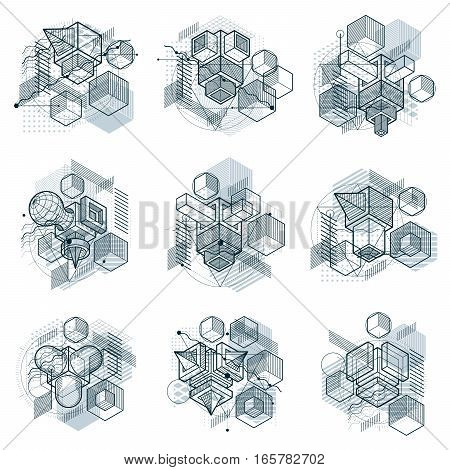 Vector Backgrounds With Abstract Isometric Lines And Figures. Templates Made With Cubes, Hexagons, S