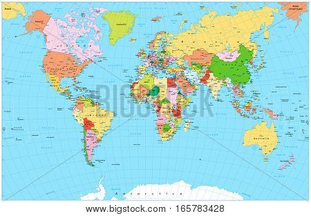 Large detailed political World Map with water objects. Vector illustration.
