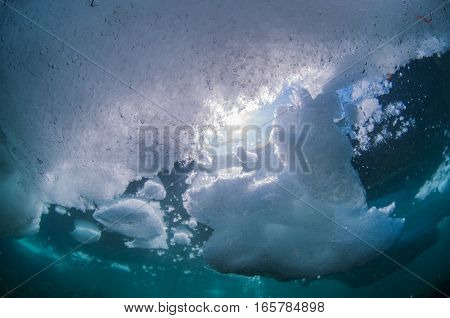 Drift Ice Diving in Shiretoko Utoro , Hokkaido , Japan.