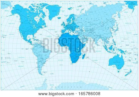 Large detailed World Map and continents in colors of blue. Highly detailed vector illustration of World Map.