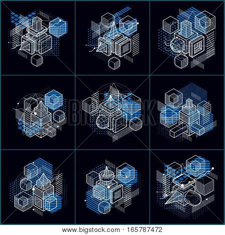 Vector Backgrounds With Abstract Isometric Lines And Figures. Templates Made With Cubes, Hexagons, S