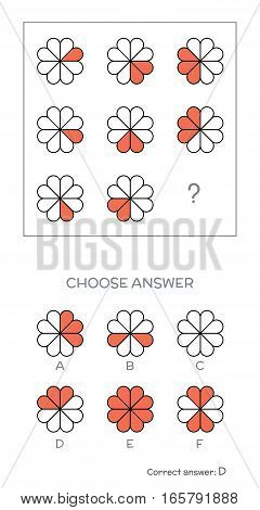 IQ test. Choose correct answer. Logical tasks composed of geometric flower shapes. Vector illustration