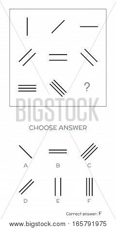 IQ test. Choose correct answer. Logical tasks composed of geometric lines. Vector illustration