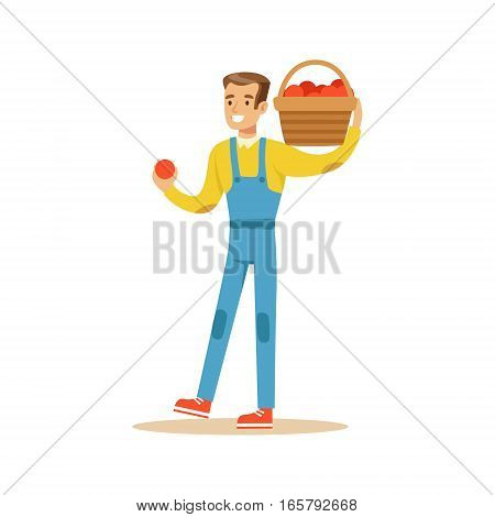 Man With Basket Of Fresh Apples, Farmer Working At The Farm And Selling On Natural Organic Product Market. Cartoon Happpy Character Growing Crops And Animals Professionally Vector Illustration.