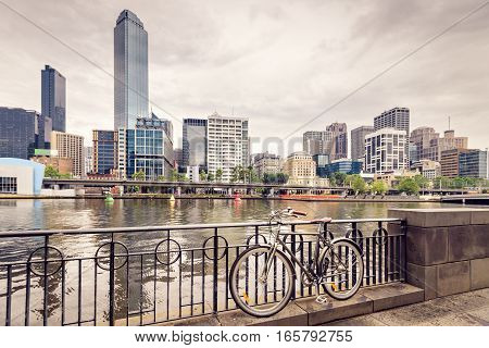 Vintage style bicycle in parked in Melbourne CBD near the Yarra river