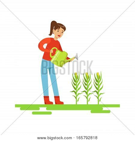 Woman Watering Corn Crops, Farmer Working At The Farm And Selling On Natural Organic Product Market. Cartoon Happpy Character Growing Crops And Animals Professionally Vector Illustration.