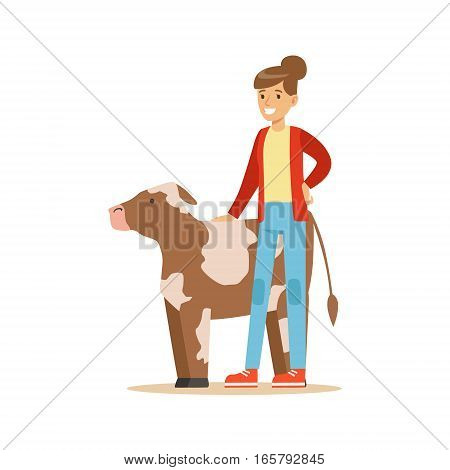Woman Standing Next To Cow Calf, Farmer Working At The Farm And Selling On Natural Organic Product Market. Cartoon Happpy Character Growing Crops And Animals Professionally Vector Illustration.