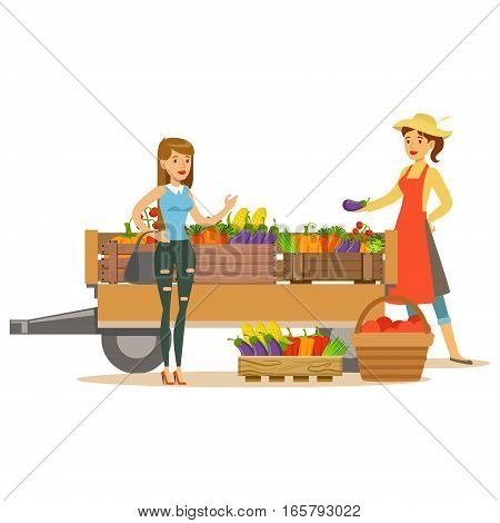 Woman With Wooden Cart With Vegetables And Client, Farmer Working At The Farm And Selling On Natural Organic Product Market. Cartoon Happpy Character Growing Crops And Animals Professionally Vector Illustration.