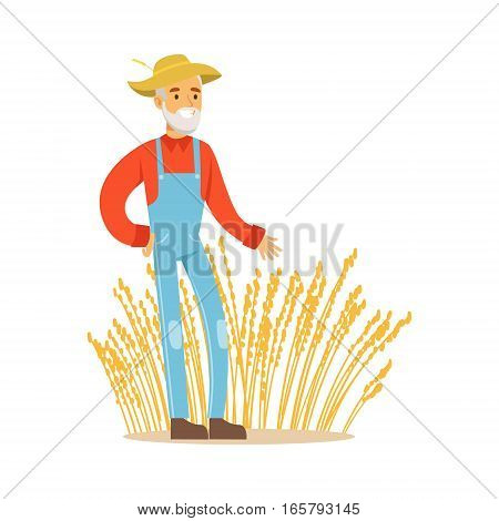 Old Man With Wheat Ear Crops, Farmer Working At The Farm And Selling On Natural Organic Product Market. Cartoon Happpy Character Growing Crops And Animals Professionally Vector Illustration.