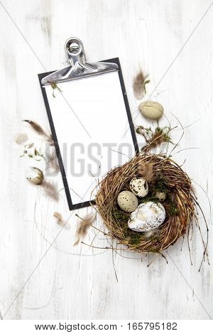 Oster Dekoration Mit Nest Und Ei Auf Weißem Holz Hintergrund