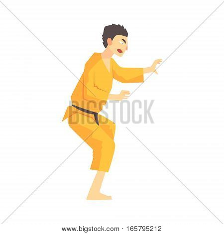 Man In Yellow Kimono Kung Fu Martial Arts Fighter, Fighting Sports Professional In Traditional Fighting Sportive Clothing. Fun Geometric Cartoon Character Doing Fighting Element In Special Outfit.