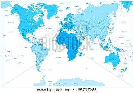 World Map and continents in colors of blue isolated on white. Highly detailed vector illustration of World Map.
