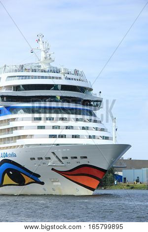 June 22nd 2014. Velsen; the Netherlands: Aida Stella on North Sea Canal on it's way to the Amsterdam Cruise Terminal
