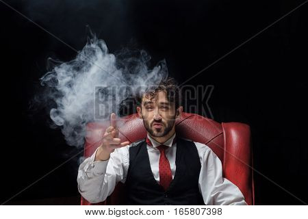 Concept of stress with businessman and smoke in head. Close up