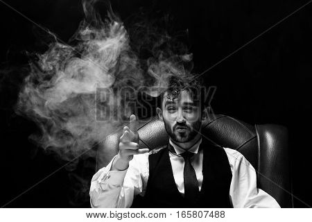 Concept of stress with businessman and smoke in head. Close up