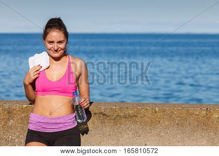 Woman Drinking Water After Sport Gym Outdoor