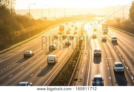 London UK - December 18 2017: Sunset above busiest British motorway M25