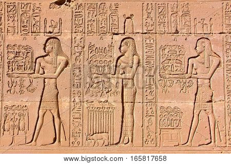DENDERA, EGYPT: Hieroglyphs at Dendera temple dedicated to Hathor goddess