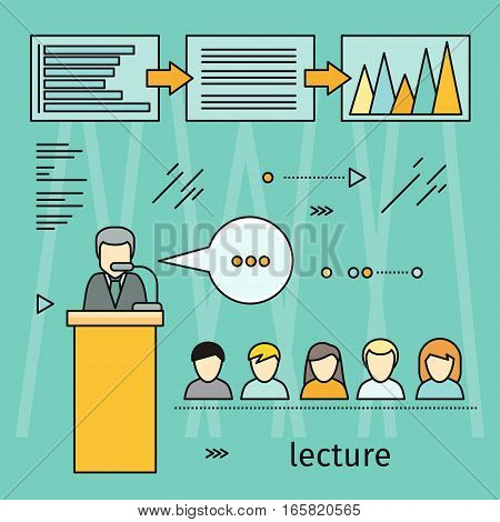 Business lecture banner. Business education, workshop, training skill, develop ability, staff training, people teamwork, personal development growth, training course concept. Vector line art