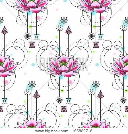 Abstract floral techno seamless pattern with lotus and geometric elements on white background. Floral wallpaper with vector watercolor effect.