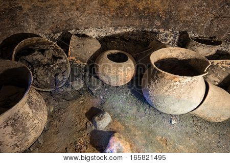 ancient burial urns in an underground grave in Tierradentro Colombia