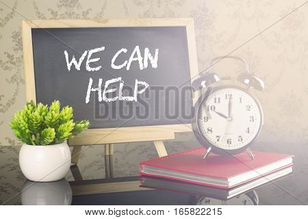 We Can Help on blackboard with clock and flare