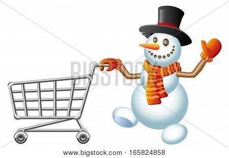 Snowman pushes shopping cart. Christmas shopping cart. Vector Illustration.
