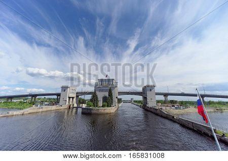 Gorodets, Russia - June 2.2016. View of the lower gateway Gorodetsky to the Volga River