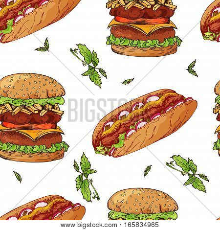 Fast food pattern. Hand draw retro illustration. Vintage design.