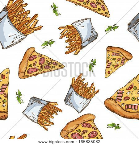 Fast food pattern. Hand draw retro illustration. Vintage design.