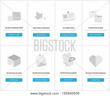 Empty state designs with illustrations for each for mobile or desktop