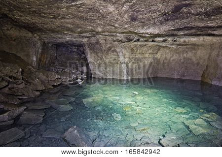 Old abandoned flooded limestone mine Gurievsky in Byakovo, Tula Region