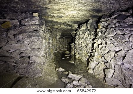 Old abandoned flooded limestone mine Gurievsky in Byakovo, Tula Region