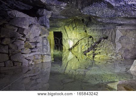 Old abandoned flooded limestone mine Gurievsky in Byakovo, Tula Region