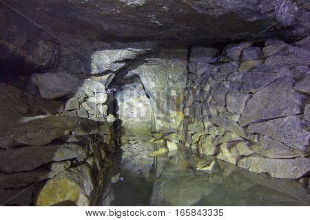 Old abandoned flooded limestone mine Gurievsky in Byakovo, Tula Region