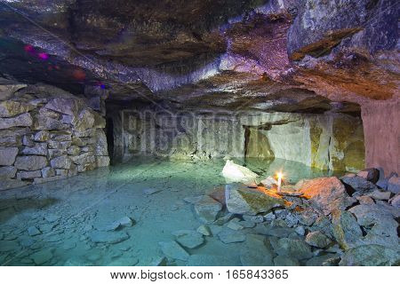 Old abandoned flooded limestone mine Gurievsky in Byakovo, Tula Region