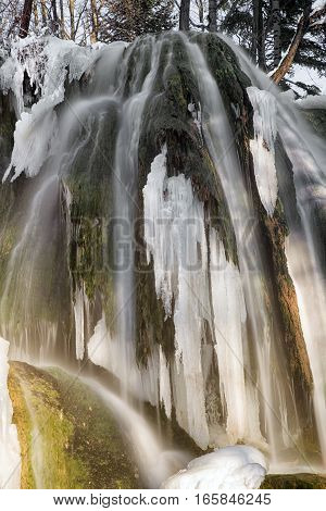 Frozen waterfall in village Lucky Slovakia. Icefall