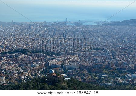 Aerial view of Fabra observatory and Barcelona city in Spain